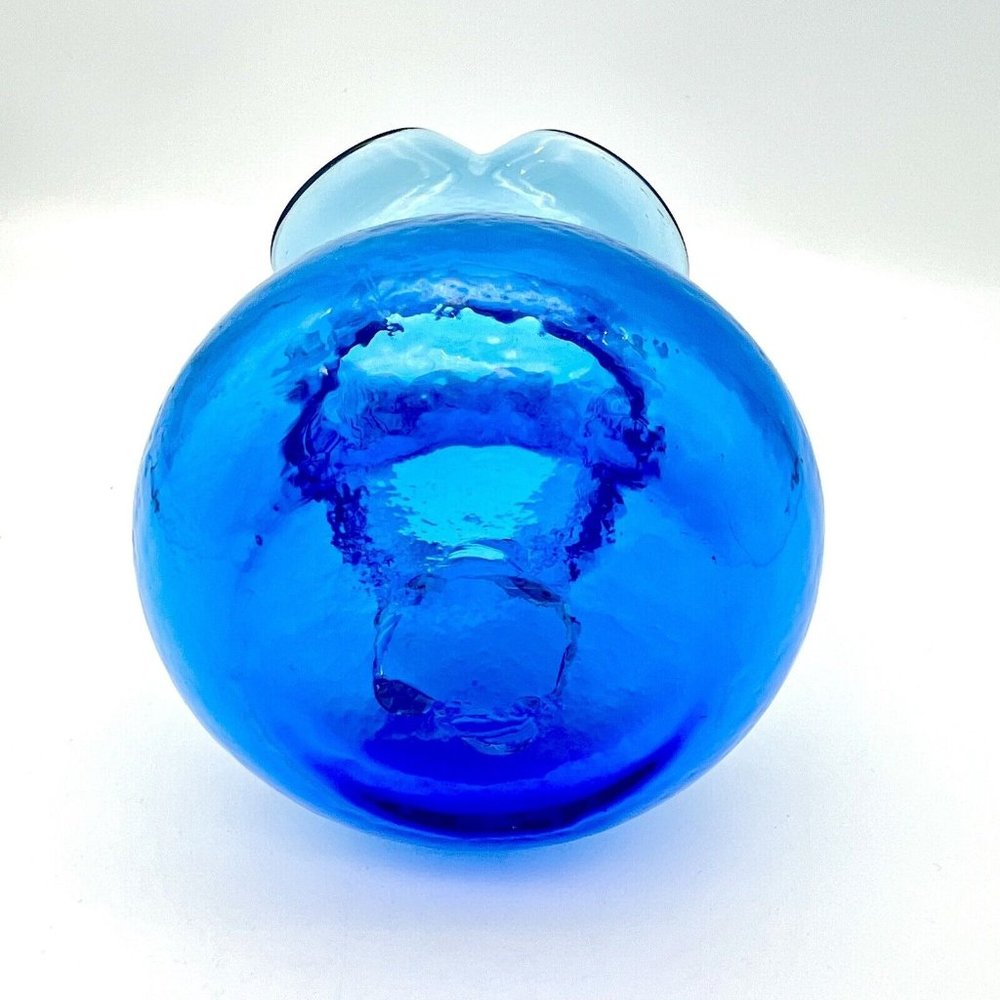 Vintage Cobalt Blue Art Glass Vase Basket Ruffle Rim Pontil Applied Handle 4.5" - Picture 5 of 6